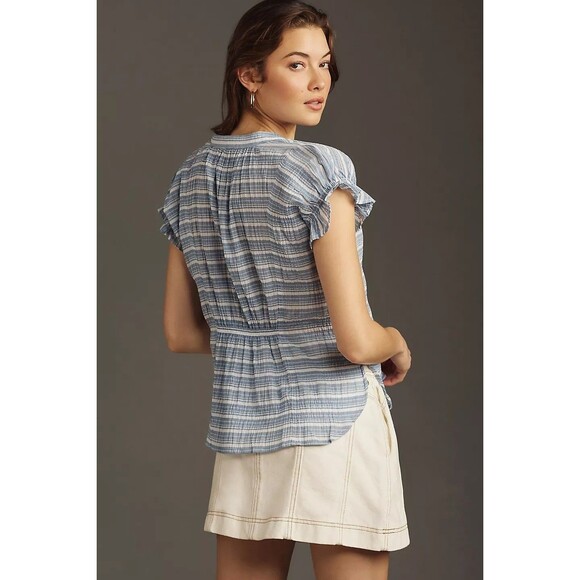 Pilcro Anthropologie The Tatum Flutter-Sleeve Blouse Shirt Top Striped S 277864 - Picture 6 of 12